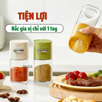 Lọ đựng gia vị thủy tinh nhà bếp, hũ đựng gia vị, muối, đường, tiêu thông minh 2 in 1 kiểm soát định lượng 180ml - THEA