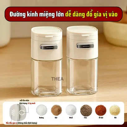 Lọ đựng gia vị thủy tinh nhà bếp, hũ đựng gia vị, muối, đường, tiêu thông minh 2 in 1 kiểm soát định lượng 180ml - THEA