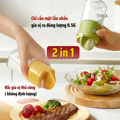 Lọ đựng gia vị thủy tinh nhà bếp, hũ đựng gia vị, muối, đường, tiêu thông minh 2 in 1 kiểm soát định lượng 180ml - THEA
