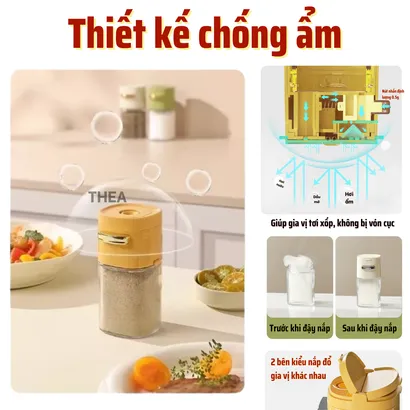 Lọ đựng gia vị thủy tinh nhà bếp, hũ đựng gia vị, muối, đường, tiêu thông minh 2 in 1 kiểm soát định lượng 180ml - THEA