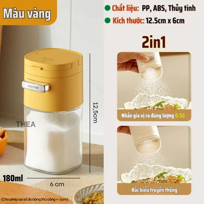 Lọ đựng gia vị thủy tinh nhà bếp, hũ đựng gia vị, muối, đường, tiêu thông minh 2 in 1 kiểm soát định lượng 180ml - THEA