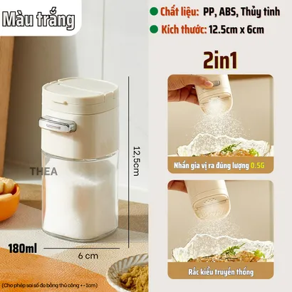 Lọ đựng gia vị thủy tinh nhà bếp, hũ đựng gia vị, muối, đường, tiêu thông minh 2 in 1 kiểm soát định lượng 180ml - THEA