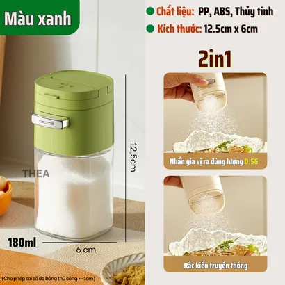 Lọ đựng gia vị thủy tinh nhà bếp, hũ đựng gia vị, muối, đường, tiêu thông minh 2 in 1 kiểm soát định lượng 180ml - THEA