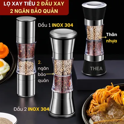 Lọ xay tiêu cầm tay, dụng cụ xay đựng tiêu inox 304 mini, xay muối, xay ớt khô, xay đa gia vị 2 đầu đa năng - THEA