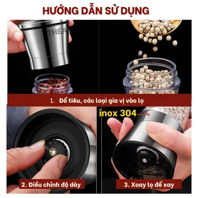 Lọ xay tiêu cầm tay, dụng cụ xay đựng tiêu inox 304 mini, xay muối, xay ớt khô, xay đa gia vị 2 đầu đa năng - THEA