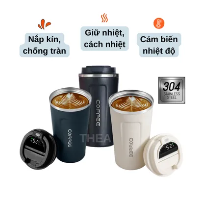 Bình nước giữ nhiệt cao cấp, ly cốc giữ nhiệt coffee mini inox 304 có hiển thị nhiệt độ 510ml nắp chống đổ - THEA KITCHEN