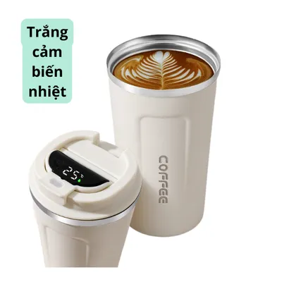 Bình nước giữ nhiệt cao cấp, ly cốc giữ nhiệt coffee mini inox 304 có hiển thị nhiệt độ 510ml nắp chống đổ - THEA KITCHEN