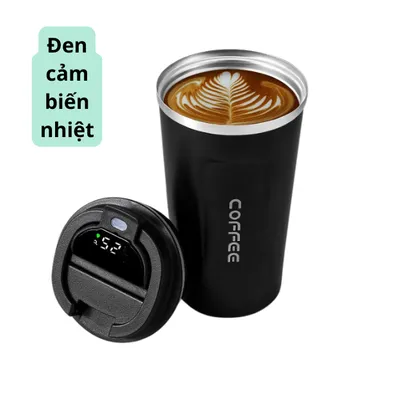 Bình nước giữ nhiệt cao cấp, ly cốc giữ nhiệt coffee mini inox 304 có hiển thị nhiệt độ 510ml nắp chống đổ - THEA KITCHEN