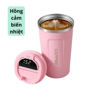 Bình nước giữ nhiệt cao cấp, ly cốc giữ nhiệt coffee mini inox 304 có hiển thị nhiệt độ 510ml nắp chống đổ - THEA KITCHEN