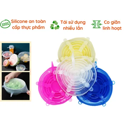 Bộ 6 màng bọc thực phẩm co giãn, nắp silicone đậy bảo quản thực phẩm, tái sử dụng - THEA KITCHEN