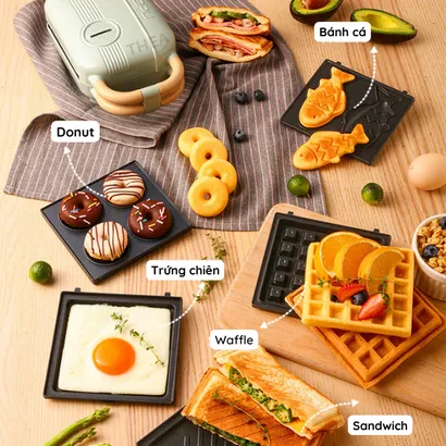 Máy kẹp nướng bánh mì sandwich 5 in 1 đa năng, bánh cá, waffle, donut, trứng, bánh takoyaki, làm đồ ăn sáng 650W -THEA kitchen