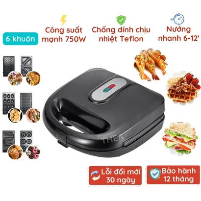 Máy kẹp nướng bánh mì sandwich 6 in 1 đa năng, waffle, hotdog, donut, bánh takoyaki, làm đồ ăn sáng tiện lợi 750W – THEA kitchen