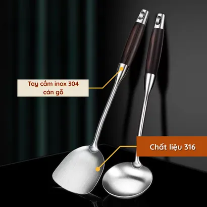 Muỗng inox, muôi múc canh, thìa, xẻng inox 316 chiên xào nấu ăn tay cầm gỗ cách nhiệt cao cấp - THEA