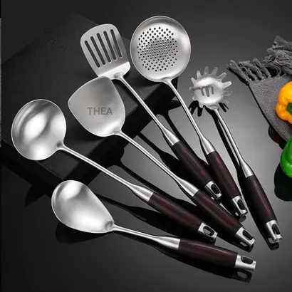Muỗng inox, muôi múc canh, thìa, xẻng inox 316 chiên xào nấu ăn tay cầm gỗ cách nhiệt cao cấp - THEA