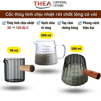 Cốc thủy tinh có quai chia vạch ml, ly thủy tinh cute chia vạch chịu nhiệt, cốc đong thủy tinh tay cầm gỗ - THEA