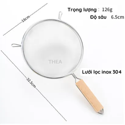Rây lọc lưới inox 304 cán gỗ cao cấp, lọc trà, cháo, thức ăn dặm, lọc dầu, lọc yến, lọc sữa, rây bột 11-18cm - THEA