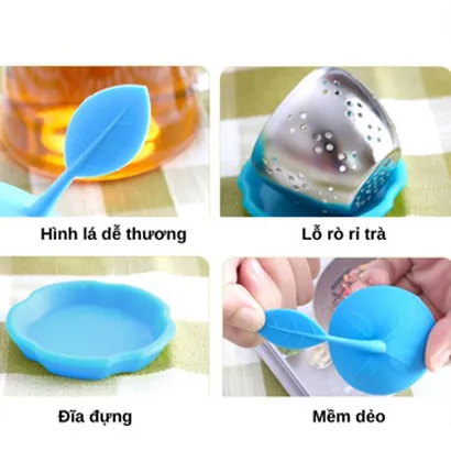 Bộ dụng cụ lọc trà bằng inox 304 không gỉ và silicone hình chiếc lá, có tay cầm chống nóng, đế lót thuận tiện - THEA