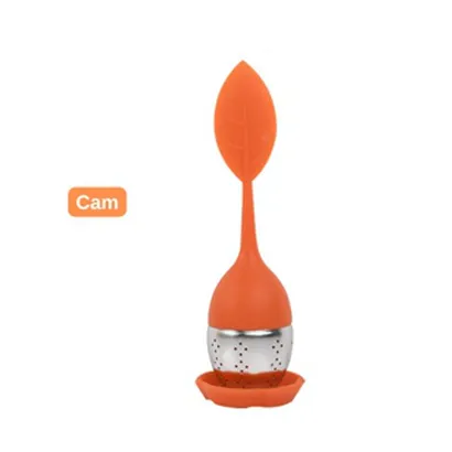 Bộ dụng cụ lọc trà bằng inox 304 không gỉ và silicone hình chiếc lá, có tay cầm chống nóng, đế lót thuận tiện - THEA