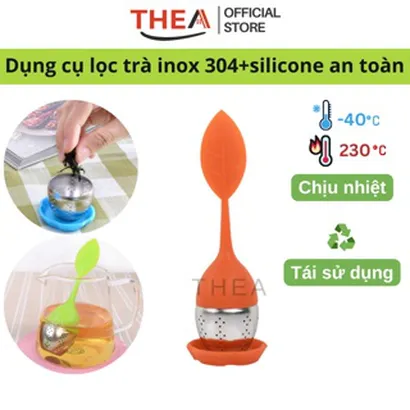 Bộ dụng cụ lọc trà bằng inox 304 không gỉ và silicone hình chiếc lá, có tay cầm chống nóng, đế lót thuận tiện - THEA