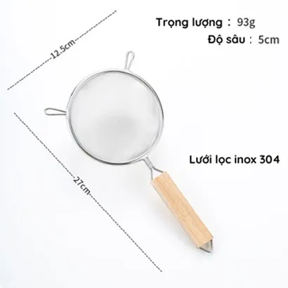 Rây lọc lưới inox 304 cán gỗ cao cấp, lọc trà, cháo, thức ăn dặm, lọc dầu, lọc yến, lọc sữa, rây bột 11-18cm - THEA