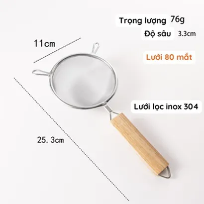 Rây lọc lưới inox 304 cán gỗ cao cấp, lọc trà, cháo, thức ăn dặm, lọc dầu, lọc yến, lọc sữa, rây bột 11-18cm - THEA
