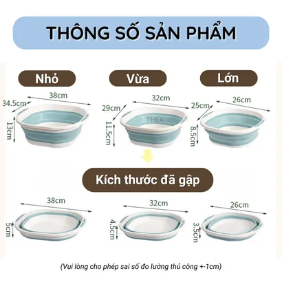 Thau gấp gọn, chậu tắm, rửa mặt, giặt đồ, rửa rau, gấp gọn, xếp gọn size to, nhỏ đa năng tiện lợi - THEA