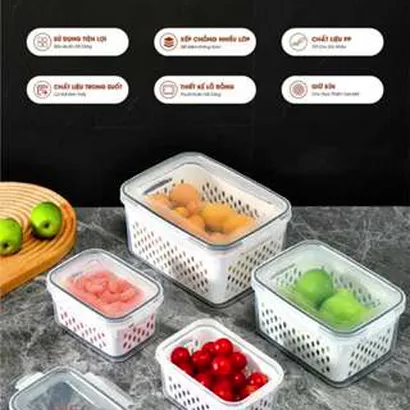 Bộ 3 Hộp nhựa đựng thực phẩm, hộp bảo quản thực phẩm rau củ quả tủ lạnh 2 lớp có rổ thoát nước và nắp khóa – THEA
