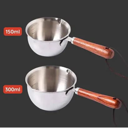 Nồi nấu mini, cốc nấu inox nhỏ, cốc đong pha chế 300ml chịu nhiệt đựng pha chế cà phê, sữa, sốt chấm tay cầm gỗ -THEA