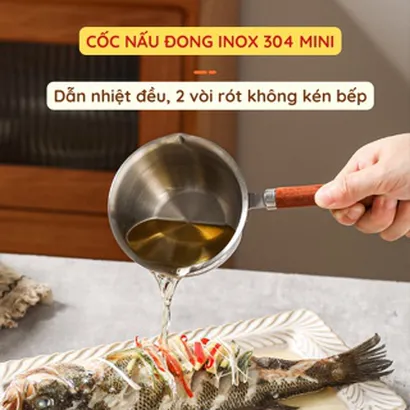 Nồi nấu mini, cốc nấu inox nhỏ, cốc đong pha chế 300ml chịu nhiệt đựng pha chế cà phê, sữa, sốt chấm tay cầm gỗ -THEA