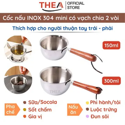 Nồi nấu mini, cốc nấu inox nhỏ, cốc đong pha chế 300ml chịu nhiệt đựng pha chế cà phê, sữa, sốt chấm tay cầm gỗ -THEA