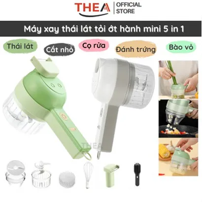 Máy xay thái lát hành tỏi ớt mini cầm tay đa năng 5 in 1 sạc điện - THEA