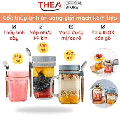Cốc ly thủy tinh ăn ngũ cốc ăn sáng, đựng gia vị, đựng mứt có nắp, có vạch chia kèm muỗng inox cán gỗ sang trọng - THEA