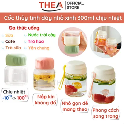 Bình đựng nước, cốc uống nước thủy tinh cao cấp mini có nắp chịu nhiệt đựng sữa, cafe, trà hoa, nước trái cây - THEA