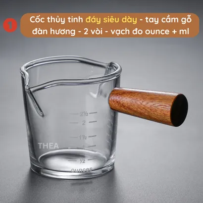 Cốc ly thủy tinh đong 100ml mini chịu nhiệt chia vạch 75ml pha chế cà phê, sữa, sốt chấm có tay cầm gỗ đàn hương - THEA kitchen