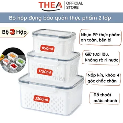 Bộ 3 Hộp nhựa đựng thực phẩm, hộp bảo quản thực phẩm rau củ quả tủ lạnh 2 lớp có rổ thoát nước và nắp khóa – THEA