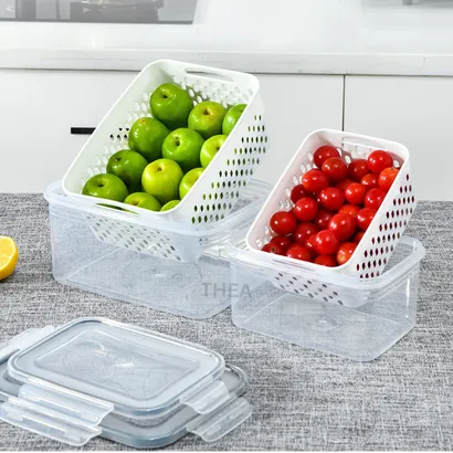 Bộ 3 Hộp nhựa đựng thực phẩm, hộp bảo quản thực phẩm rau củ quả tủ lạnh 2 lớp có rổ thoát nước và nắp khóa – THEA