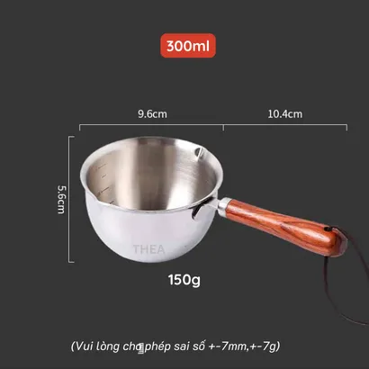 Nồi nấu mini, cốc nấu inox nhỏ, cốc đong pha chế 300ml chịu nhiệt đựng pha chế cà phê, sữa, sốt chấm tay cầm gỗ -THEA