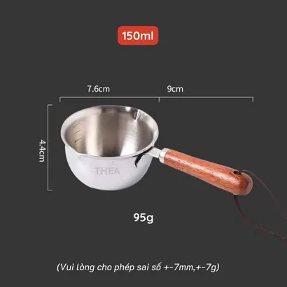 Nồi nấu mini, cốc nấu inox nhỏ, cốc đong pha chế 300ml chịu nhiệt đựng pha chế cà phê, sữa, sốt chấm tay cầm gỗ -THEA