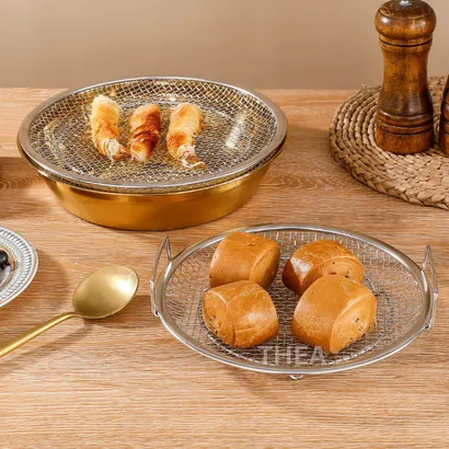 Khay inox tròn và vỉ lưới lọc ráo dầu INOX 304 SIÊU DÀY đựng thực phẩm, thức ăn chiên rán, hấp, luộc cao cấp – THEA