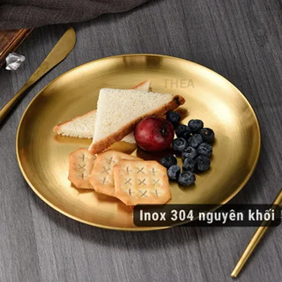 Đĩa inox 304 tròn mạ vàng đựng hoa quả trái cây thắp hương bàn thờ, trang trí đồ ăn decor đẹp phong cách hàn quốc – THEA