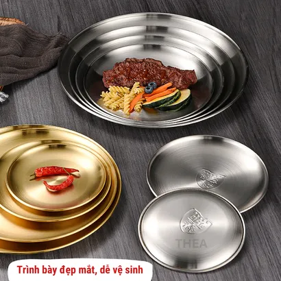 Đĩa inox 304 tròn mạ vàng đựng hoa quả trái cây thắp hương bàn thờ, trang trí đồ ăn decor đẹp phong cách hàn quốc – THEA