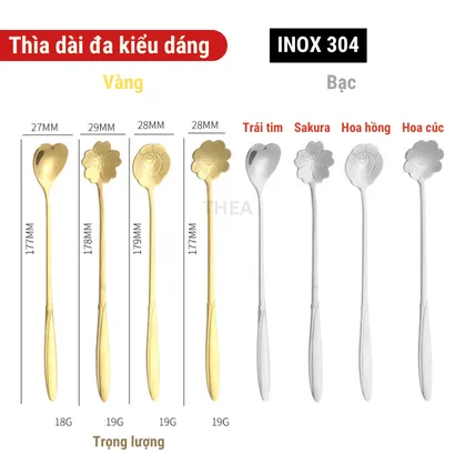 Muỗng thìa inox 304 cà phê loại dày nhỏ cán dài đa phong cách mạ vàng hình bông hoa, móng vuốt mèo – THEA