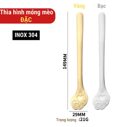 Muỗng thìa inox 304 cà phê loại dày nhỏ cán dài đa phong cách mạ vàng hình bông hoa, móng vuốt mèo – THEA
