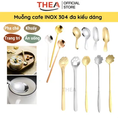 Muỗng thìa inox 304 cà phê loại dày nhỏ cán dài đa phong cách mạ vàng hình bông hoa, móng vuốt mèo – THEA