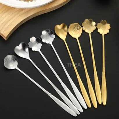 Muỗng thìa inox 304 cà phê loại dày nhỏ cán dài đa phong cách mạ vàng hình bông hoa, móng vuốt mèo – THEA