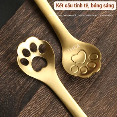 Muỗng thìa inox 304 cà phê loại dày nhỏ cán dài đa phong cách mạ vàng hình bông hoa, móng vuốt mèo – THEA