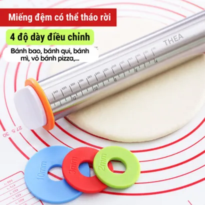Cây cán lăn bột inox 4 mức điều chỉnh độ dày, dụng cụ lăn bột làm bánh mì,vỏ bánh pizza, bánh qui, bánh bao,há cảo -THEA