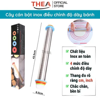 Cây cán lăn bột inox 4 mức điều chỉnh độ dày, dụng cụ lăn bột làm bánh mì,vỏ bánh pizza, bánh qui, bánh bao,há cảo -THEA