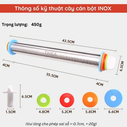 Cây cán lăn bột inox 4 mức điều chỉnh độ dày, dụng cụ lăn bột làm bánh mì,vỏ bánh pizza, bánh qui, bánh bao,há cảo -THEA