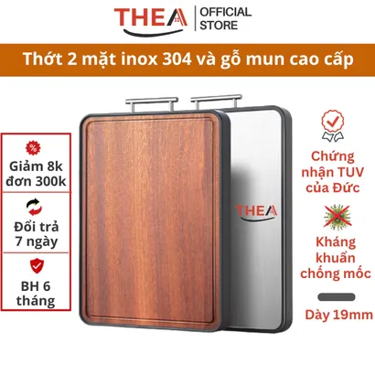 Thớt 2 mặt inox 304, gỗ mun dày kháng khuẩn cao cấp [Loại 1 chứng nhận TUV Đức] siêu bền chống nấm mốc đến 99% -THEA